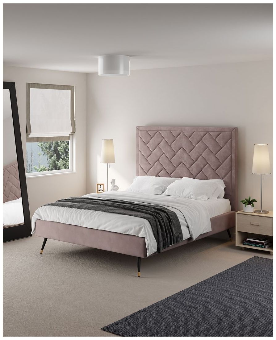 Image 2 Crosby Modern Queen-Size Upholstered Velvet Bedframe and Headboard in Blush more views