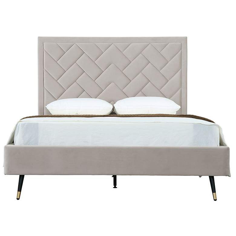 Image 1 Crosby Modern Queen-Size Upholstered Velvet Bedframe & Headboard in Gre