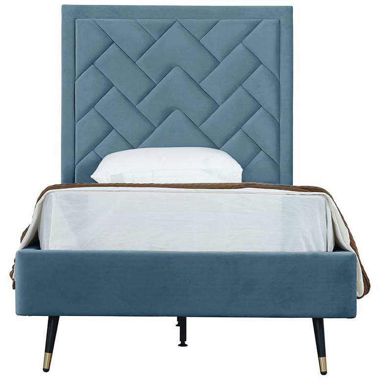Image 1 Crosby Modern Twin-Size Upholstered Velvet Bedframe and Headboard in Blue