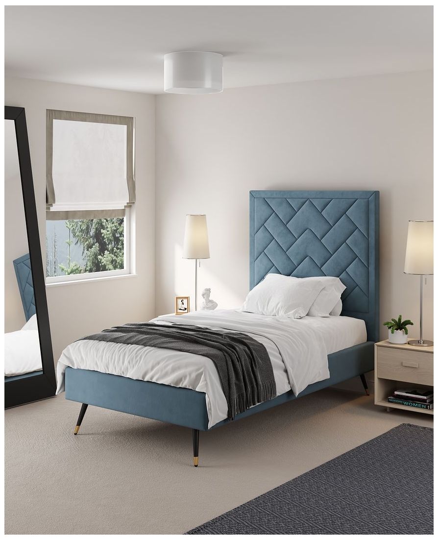 Image 2 Crosby Modern Twin-Size Upholstered Velvet Bedframe and Headboard in Blue more views