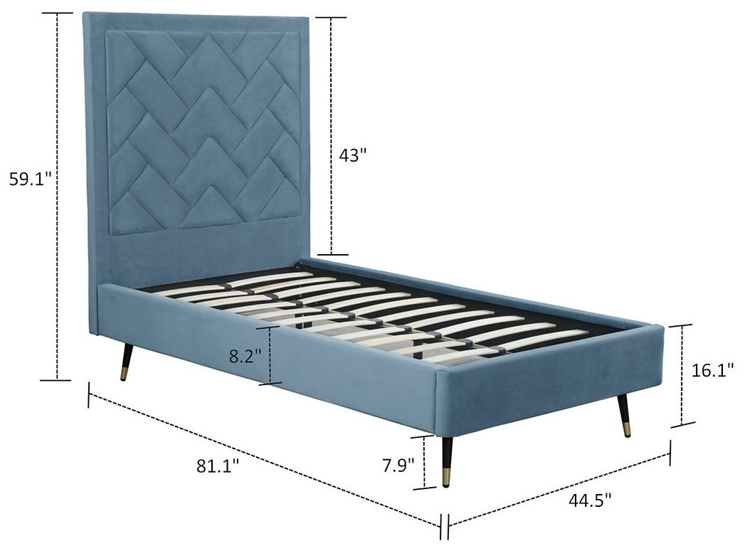 Image 3 Crosby Modern Twin-Size Upholstered Velvet Bedframe and Headboard in Blue more views