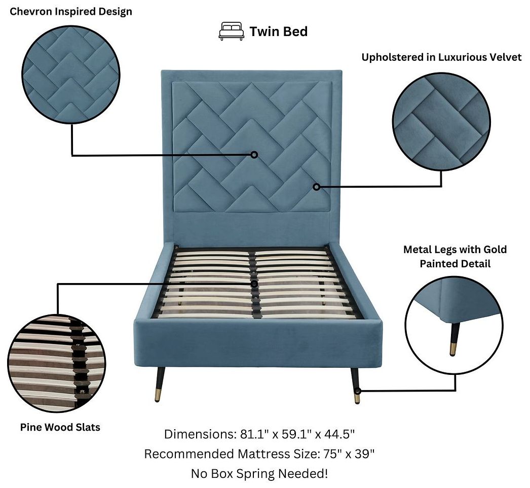 Image 4 Crosby Modern Twin-Size Upholstered Velvet Bedframe and Headboard in Blue more views