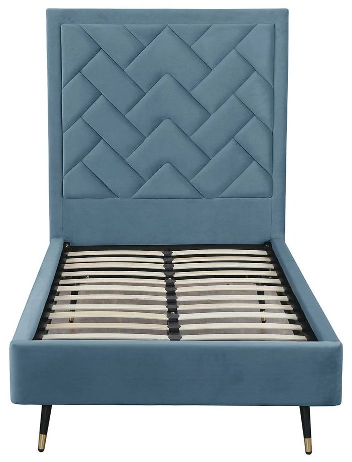 Image 7 Crosby Modern Twin-Size Upholstered Velvet Bedframe and Headboard in Blue more views