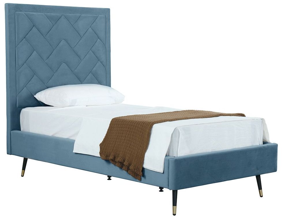 Crosby Modern Twin-Size Upholstered Velvet Bedframe and Headboard in Blue