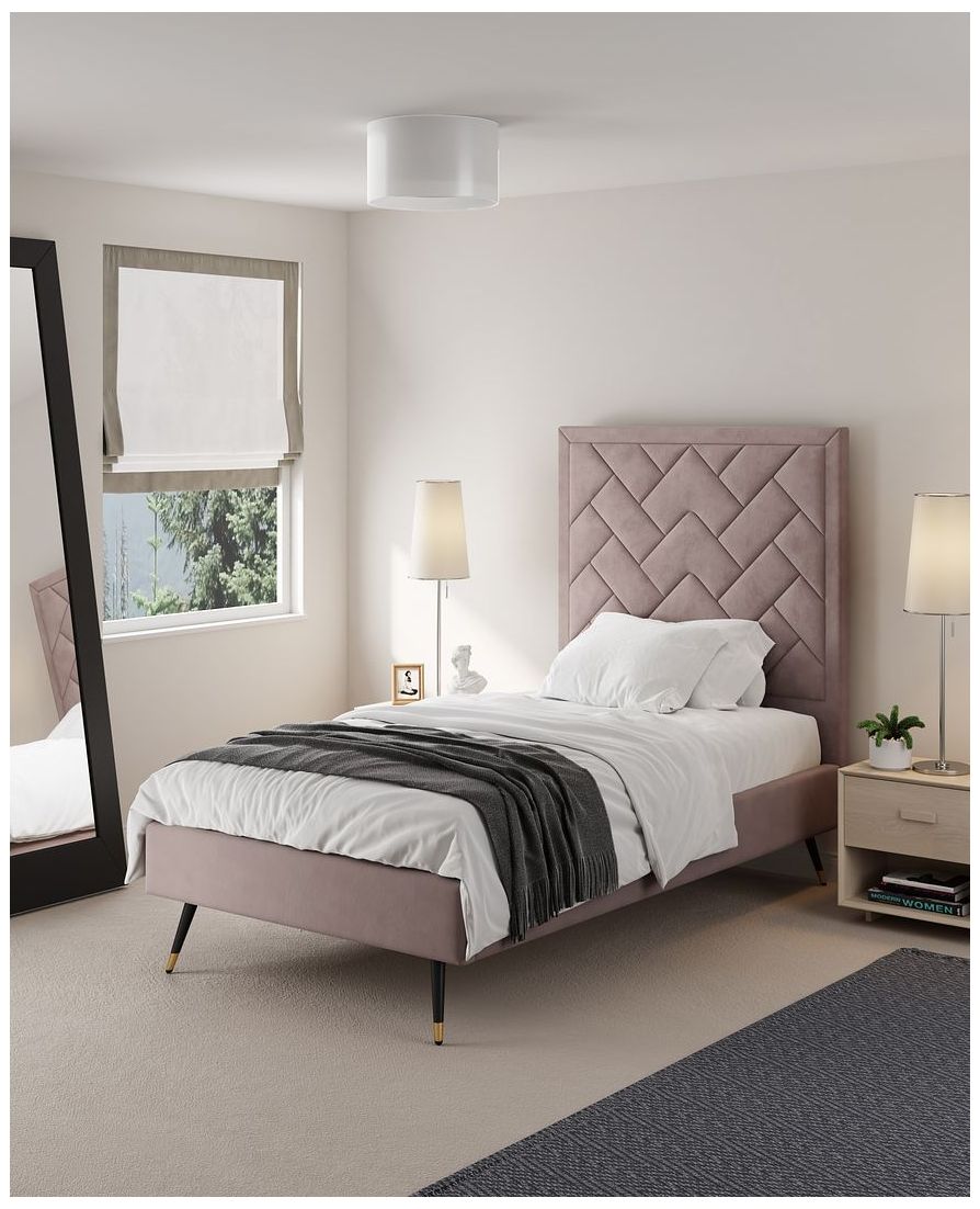 Image 2 Crosby Modern Twin-Size Upholstered Velvet Bedframe and Headboard in Blush more views
