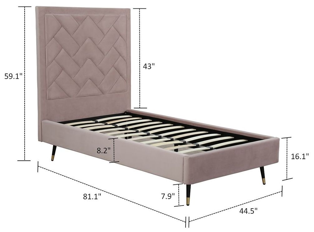 Image 3 Crosby Modern Twin-Size Upholstered Velvet Bedframe and Headboard in Blush more views
