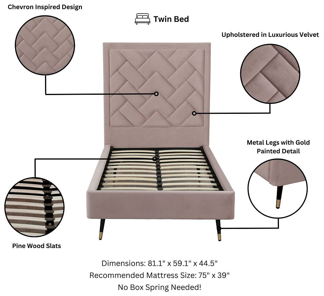 Image 4 Crosby Modern Twin-Size Upholstered Velvet Bedframe and Headboard in Blush more views