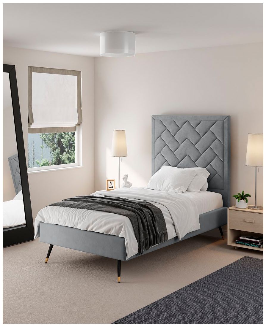 Image 2 Crosby Modern Twin-Size Upholstered Velvet Bedframe and Headboard in Grey more views