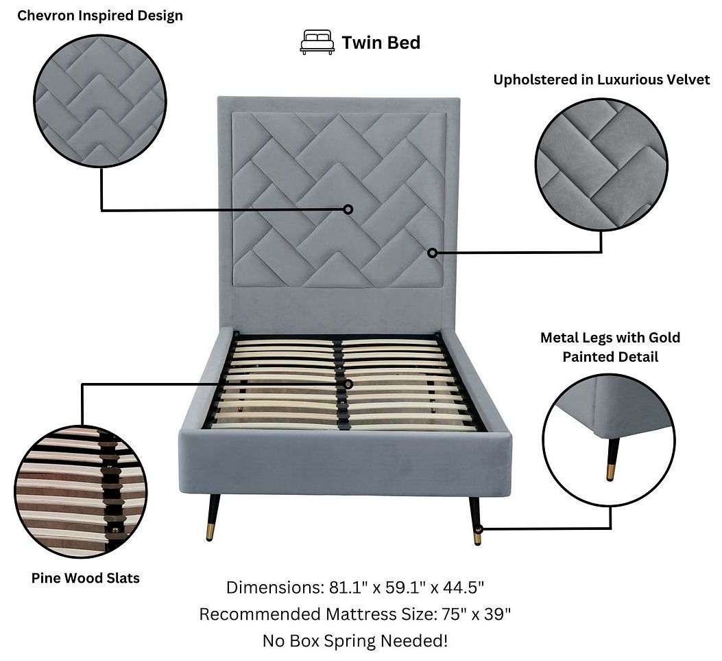 Image 4 Crosby Modern Twin-Size Upholstered Velvet Bedframe and Headboard in Grey more views