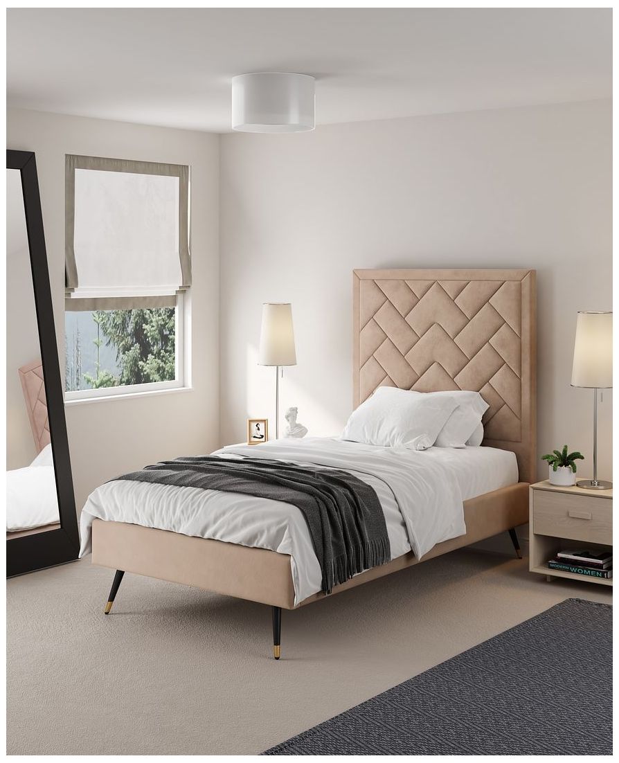 Image 2 Crosby Modern Twin-Size Upholstered Velvet Bedframe and Headboard in Nude more views