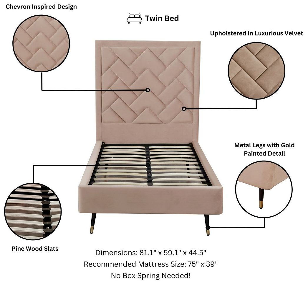 Image 4 Crosby Modern Twin-Size Upholstered Velvet Bedframe and Headboard in Nude more views
