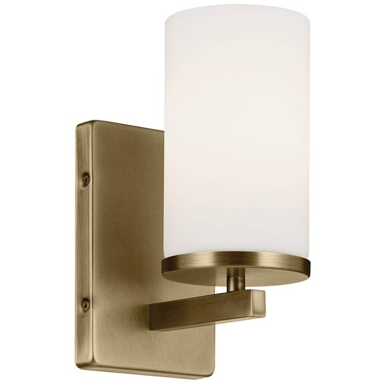 Image 1 Crosby Natural Brass Cylinder Satin Etched Cased Opal Wall Sconce 1Lt