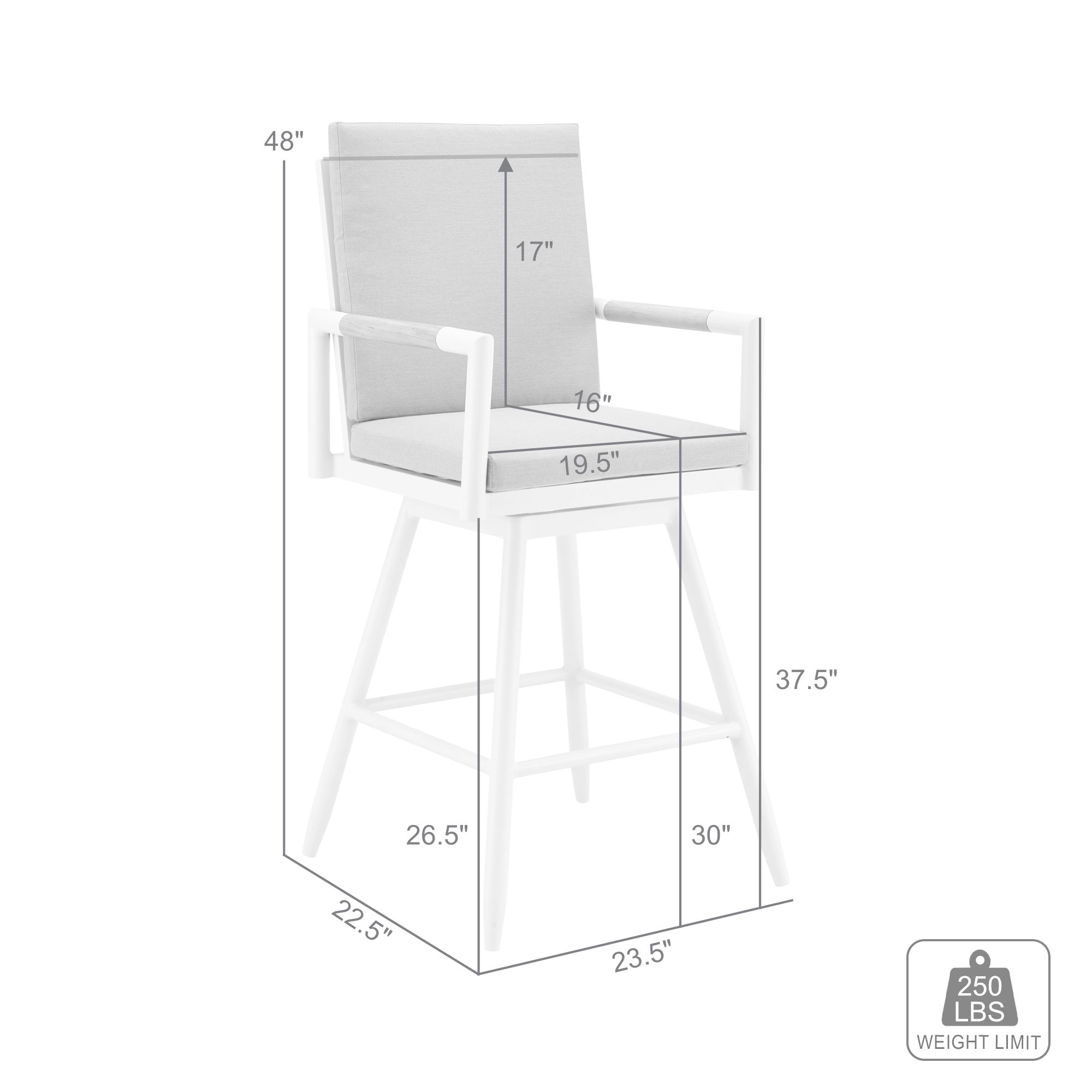 Crown 30 in. Outdoor Barstool in Aluminum, Brown Rope, Light Gray Cushions
