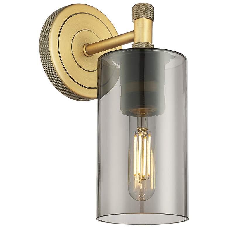 Image 1 Crown Point 13.5" High Brushed Brass Sconce With Smoke Shade