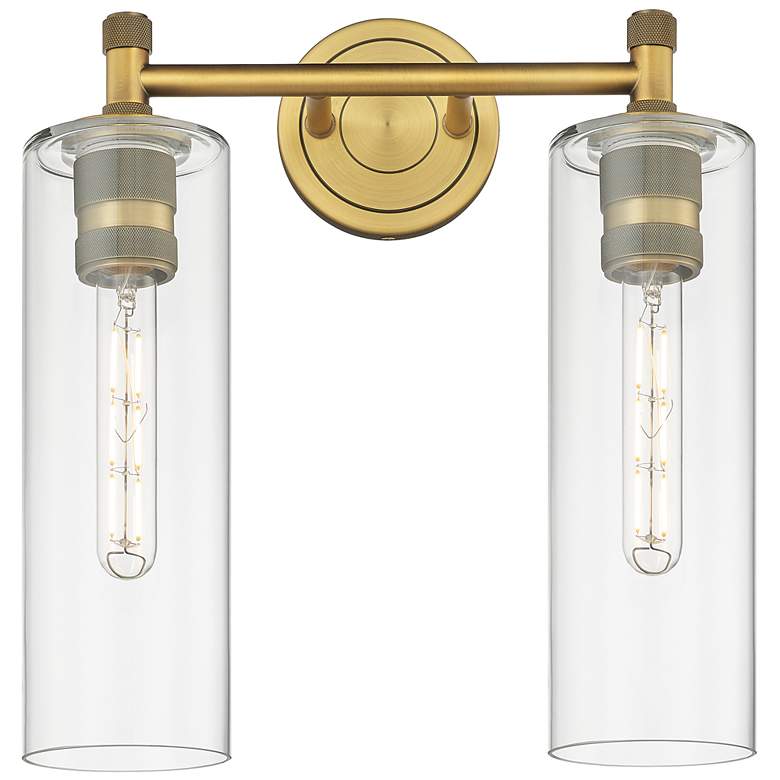 Image 1 Crown Point 13.88" Wide 2 Light Brushed Brass Bath Light With Clear Sh