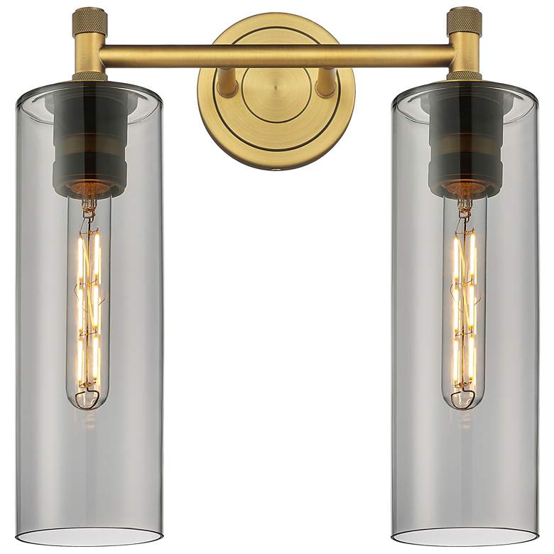 Image 1 Crown Point 13.88"W 2 Light Brushed Brass Bath Light w/ Plated Smoke S