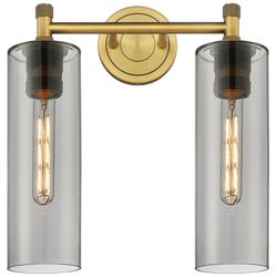 Crown Point 13.88"W 2 Light Brushed Brass Bath Light w/ Plated Smoke S