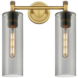 Crown Point 13.88"W 2 Light Brushed Brass Bath Light w/ Plated Smoke S Crown Point 13.88"W 2 Light Brushed Brass Bath Light w/ Plated Smoke S