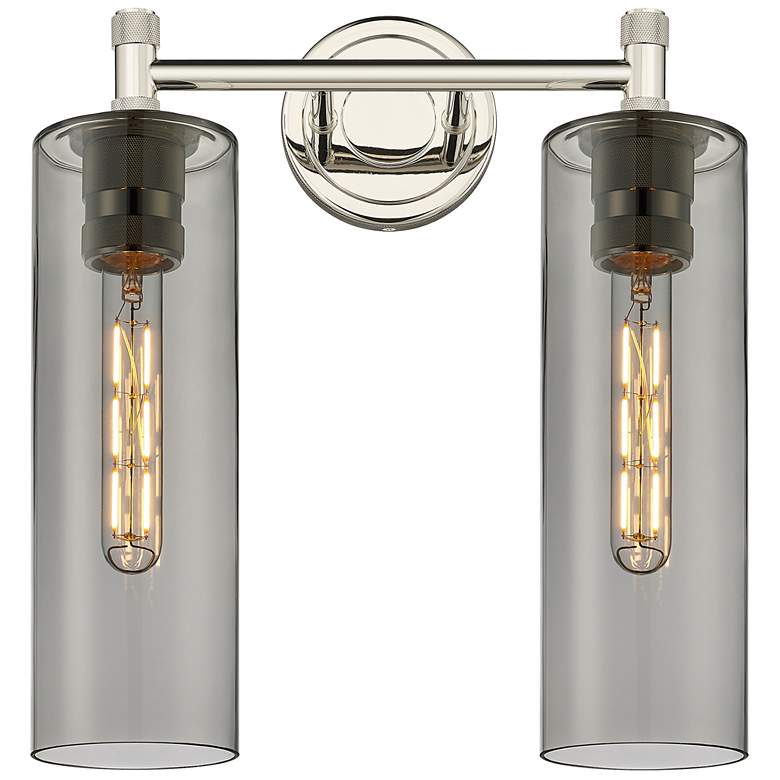 Image 1 Crown Point 13.88 inchW 2 Light Polished Nickel Bath Light w/ Smoke Shade