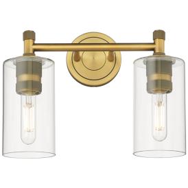 Crown Point 14" Wide 2 Light Brushed Brass Bath Light With Clear Shade Crown Point 14" Wide 2 Light Brushed Brass Bath Light With Clear Shade