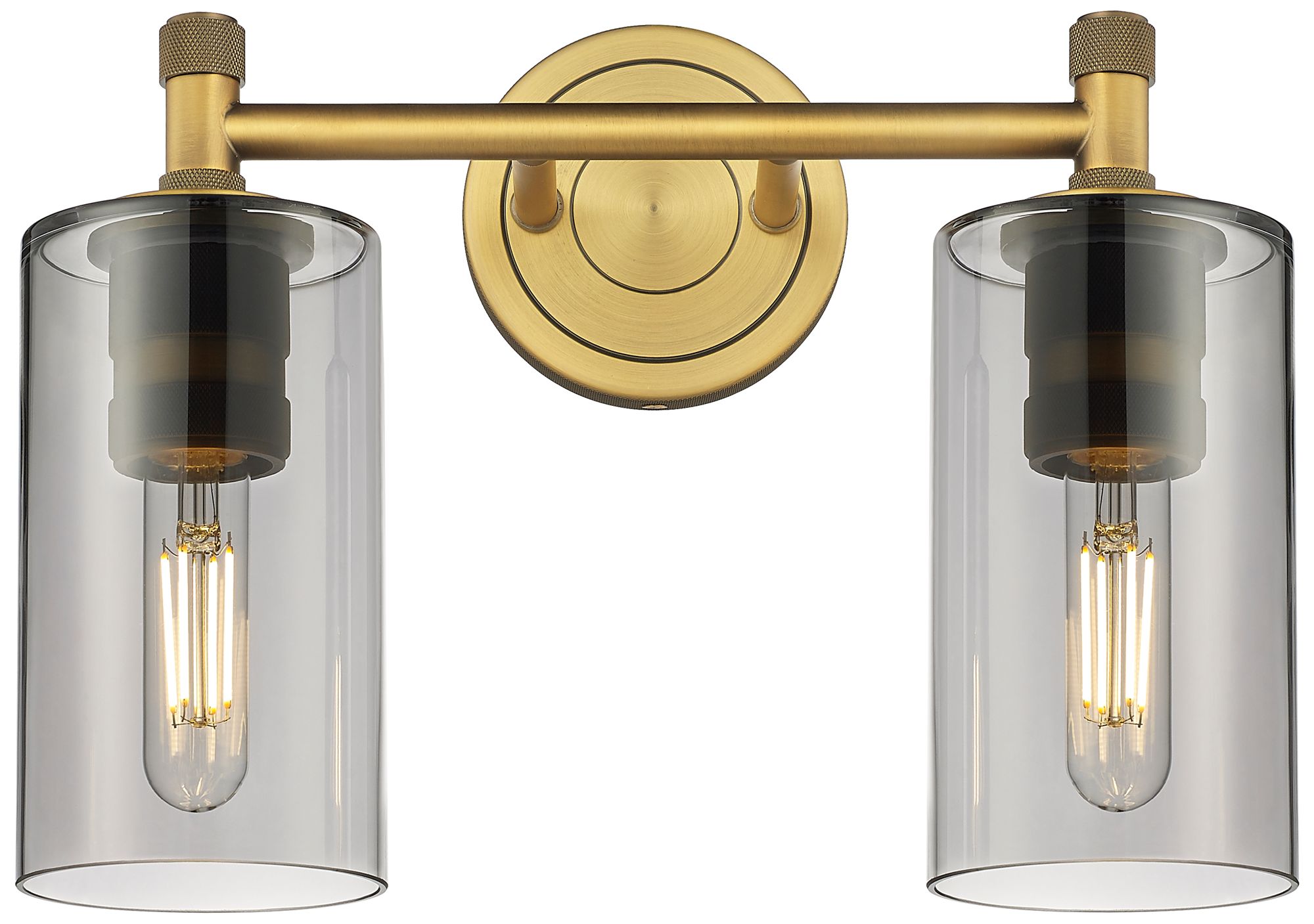 Crown Point 14" Wide 2 Light Brushed Brass Bath Light With Smoke Shade