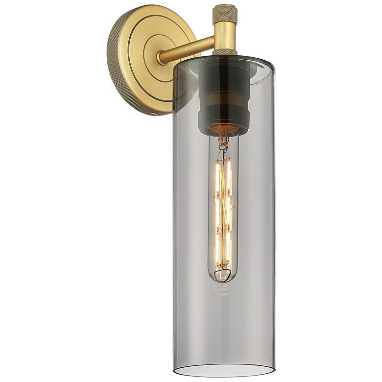 Image 1 Crown Point 15.5" High Brushed Brass Sconce With Plated Smoke Glass Sh