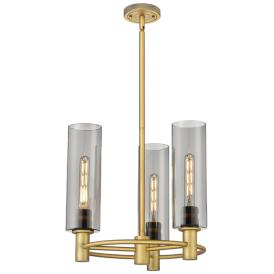 Crown Point 18"W 3 Light Brushed Brass Stemmed Pendant w/ Smoke Shade Crown Point 18"W 3 Light Brushed Brass Stemmed Pendant w/ Smoke Shade