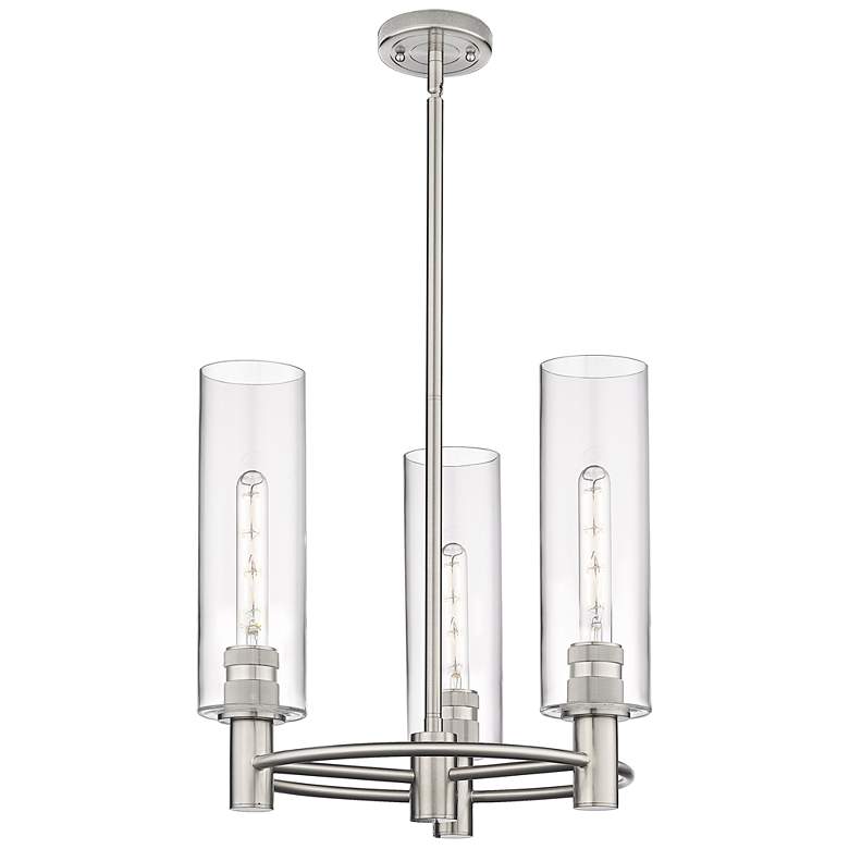 Image 1 Crown Point 18 inchW 3 Light Satin Nickel Stem Hung Pendant With Clear Sha