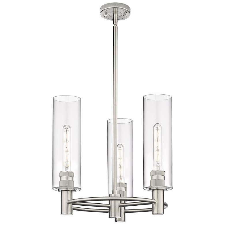 Image 1 Crown Point 18"W 3 Light Satin Nickel Stem Hung Pendant With Clear Sha