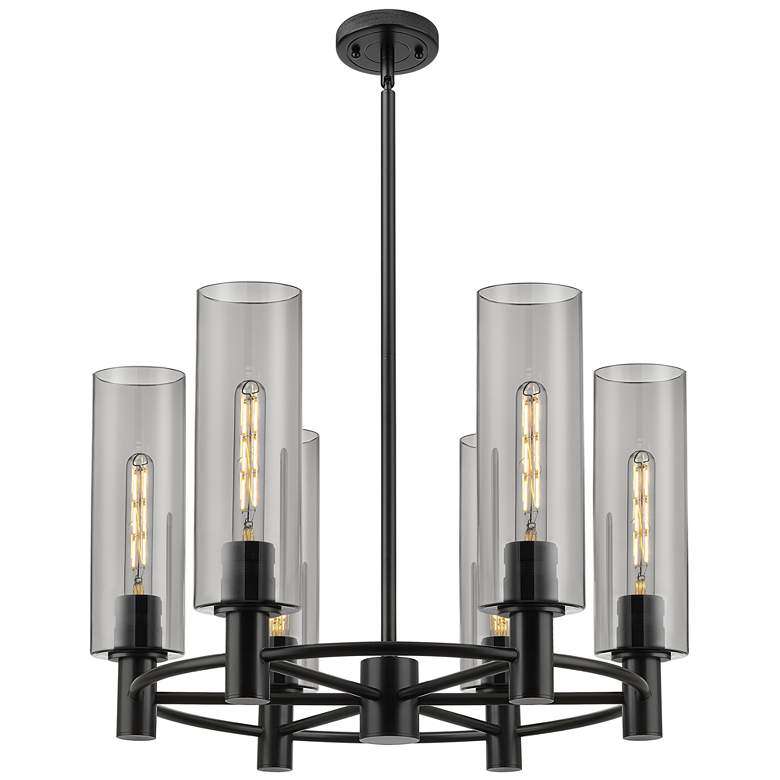 Image 1 Crown Point 24"W 6 Light Black Stemmed Chandelier w/ Smoke Shade