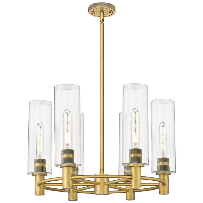 Image 1 Crown Point 24 inchW 6 Light Brushed Brass Stem Hung Chandelier w/ Clear S