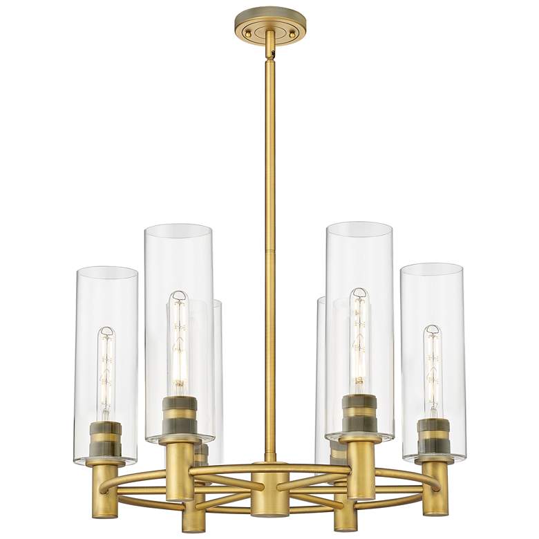 Image 1 Crown Point 24"W 6 Light Brushed Brass Stem Hung Chandelier w/ Clear S