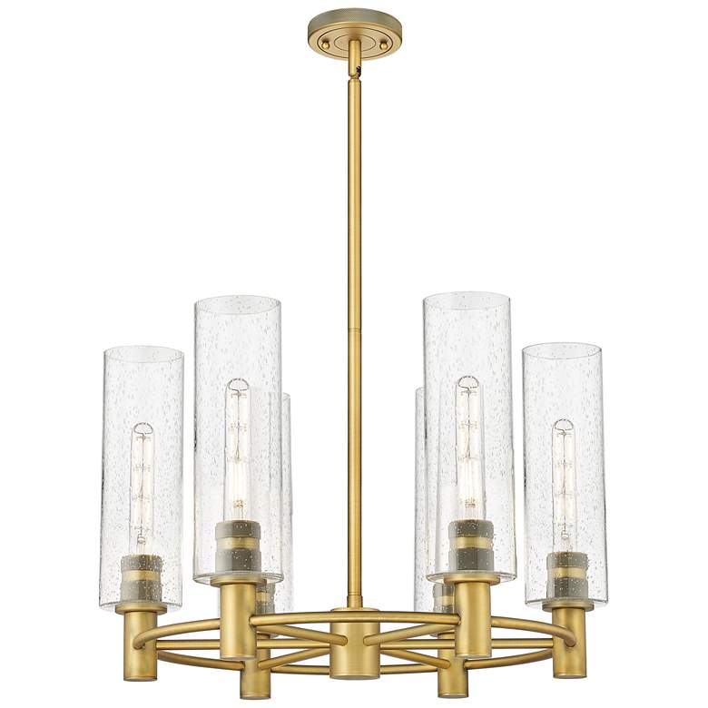 Image 1 Crown Point 24"W 6 Light Brushed Brass Stem Hung Chandelier w/ Seedy S