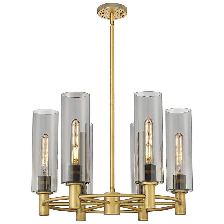 Image 1 Crown Point 24"W 6 Light Brushed Brass Stemmed Chandelier w/ Smoke Sha