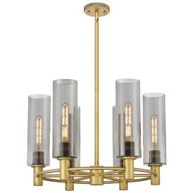 Crown Point 24"W 6 Light Brushed Brass Stemmed Chandelier w/ Smoke Sha Crown Point 24"W 6 Light Brushed Brass Stemmed Chandelier w/ Smoke Sha