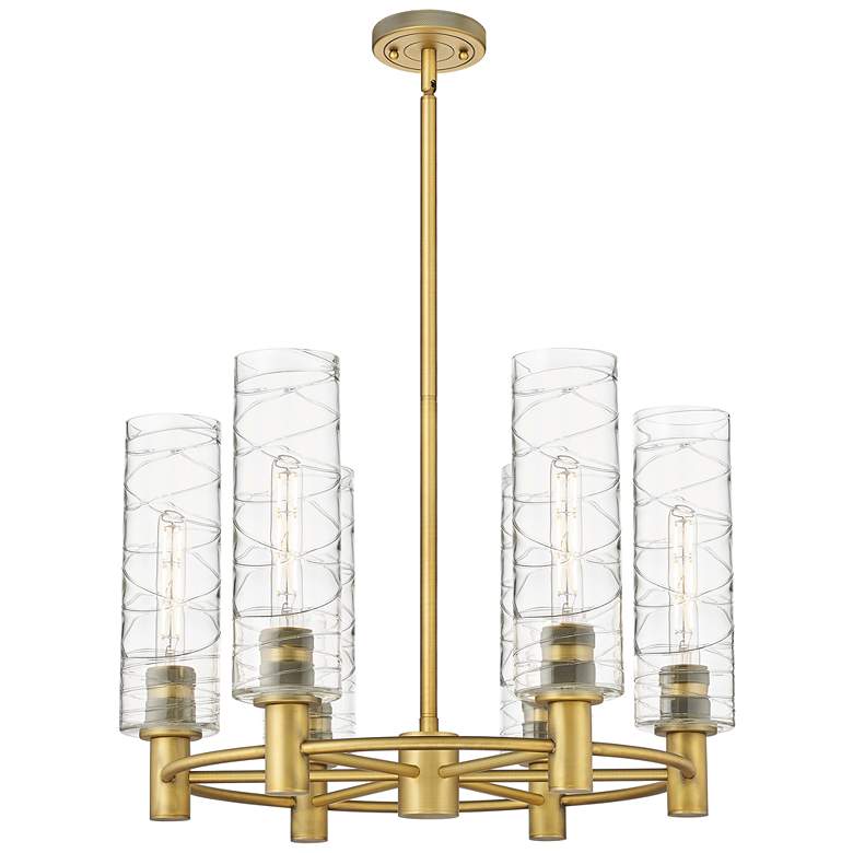 Image 1 Crown Point 24"W 6 Light Brushed Brass Stemmed Chandelier w/ Swirl Sha
