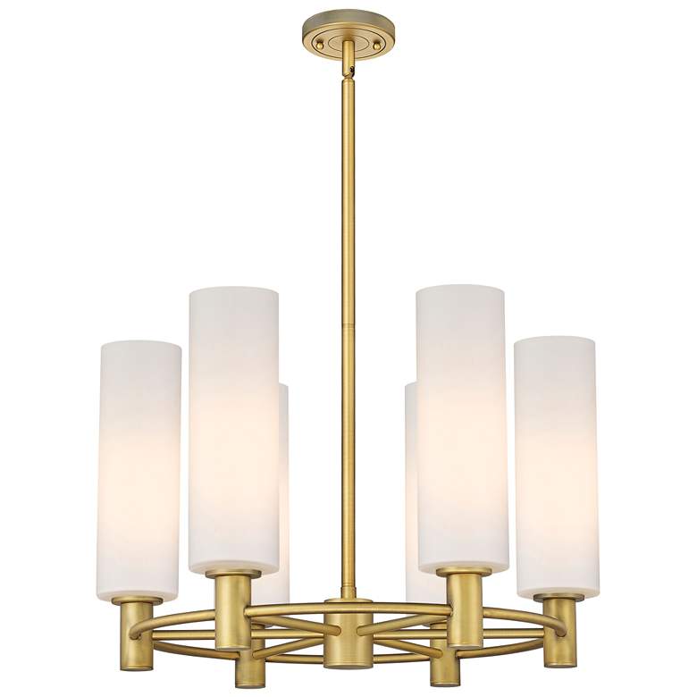 Image 1 Crown Point 24"W 6 Light Brushed Brass Stemmed Chandelier w/ White Sha