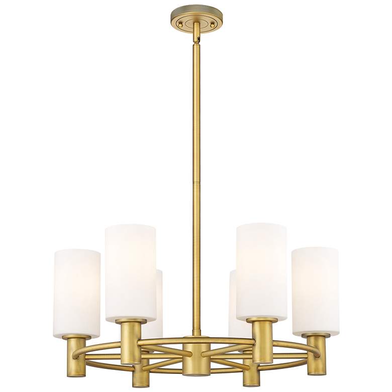 Image 1 Crown Point 24"W 6 Light Brushed Brass Stemmed Chandelier w/ White Sha