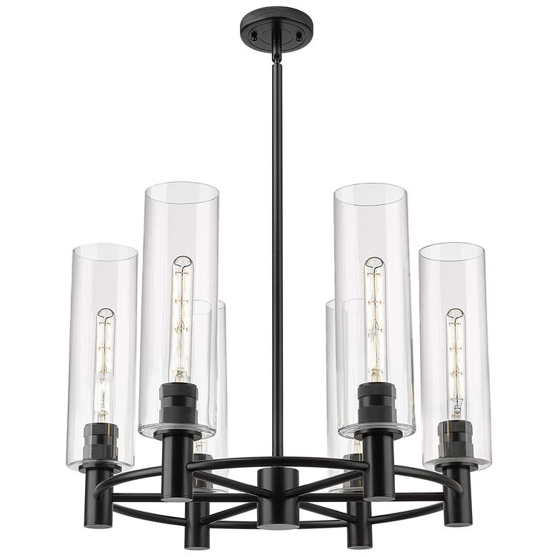 Image 1 Crown Point 24"W 6 Light Matte Black Stem Hung Chandelier With Clear S