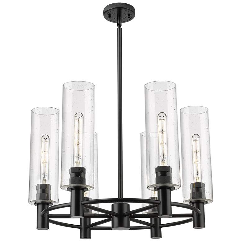 Image 1 Crown Point 24"W 6 Light Matte Black Stem Hung Chandelier With Seedy S