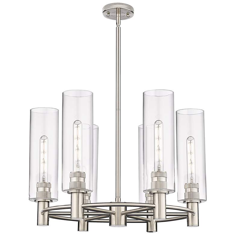 Image 1 Crown Point 24"W 6 Light Satin Nickel Stem Hung Chandelier With Clear 