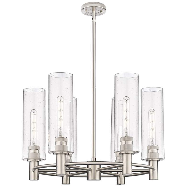 Image 1 Crown Point 24"W 6 Light Satin Nickel Stem Hung Chandelier With Seedy