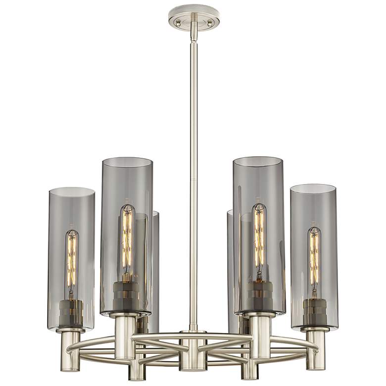 Image 1 Crown Point 24"W 6 Light Satin Nickel Stemmed Chandelier w/ Smoke Shad