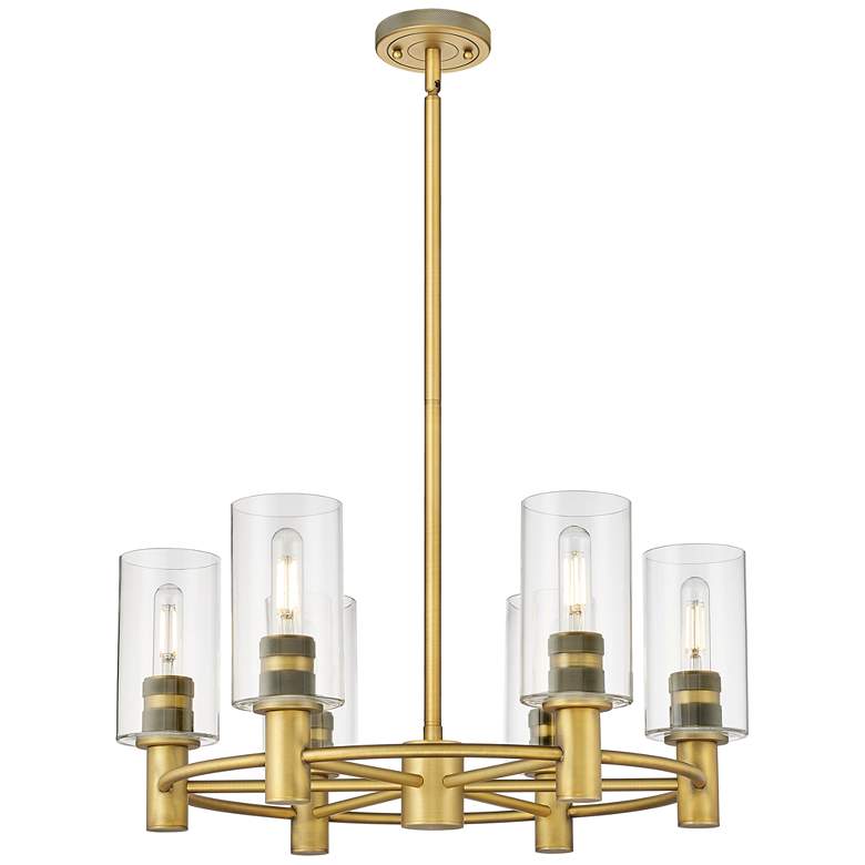 Image 1 Crown Point 24"W 6 Light Stem Hung Brushed Brass Chandelier w/ Clear S
