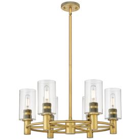Crown Point 24"W 6 Light Stem Hung Brushed Brass Chandelier w/ Clear S Crown Point 24"W 6 Light Stem Hung Brushed Brass Chandelier w/ Clear S