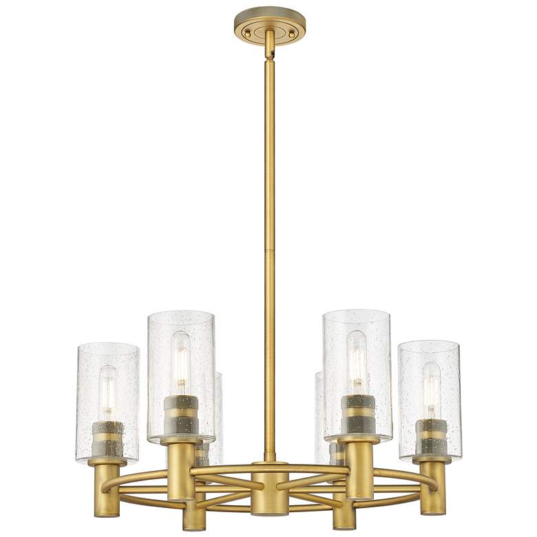 Image 1 Crown Point 24"W 6 Light Stem Hung Brushed Brass Chandelier w/ Seedy S