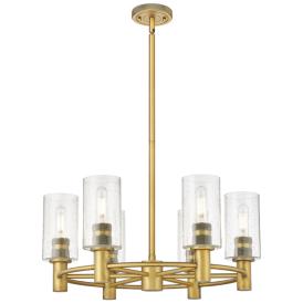 Crown Point 24"W 6 Light Stem Hung Brushed Brass Chandelier w/ Seedy S Crown Point 24"W 6 Light Stem Hung Brushed Brass Chandelier w/ Seedy S
