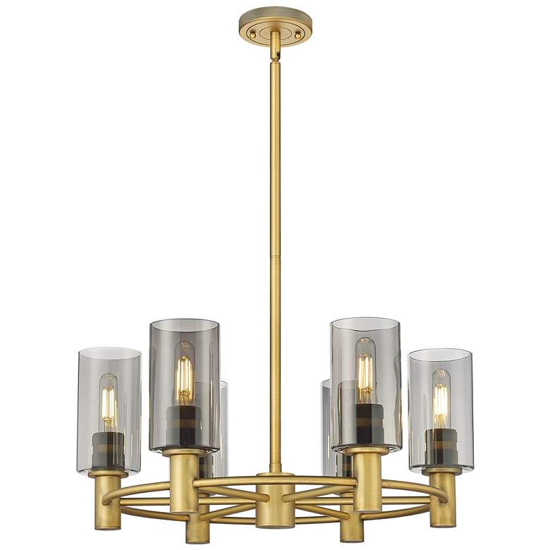 Image 1 Crown Point 24"W 6 Light Stem Hung Brushed Brass Chandelier w/ Smoke S