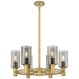 Crown Point 24"W 6 Light Stem Hung Brushed Brass Chandelier w/ Smoke S Crown Point 24"W 6 Light Stem Hung Brushed Brass Chandelier w/ Smoke S