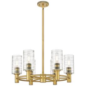 Crown Point 24"W 6 Light Stem Hung Brushed Brass Chandelier w/ Swirl S Crown Point 24"W 6 Light Stem Hung Brushed Brass Chandelier w/ Swirl S